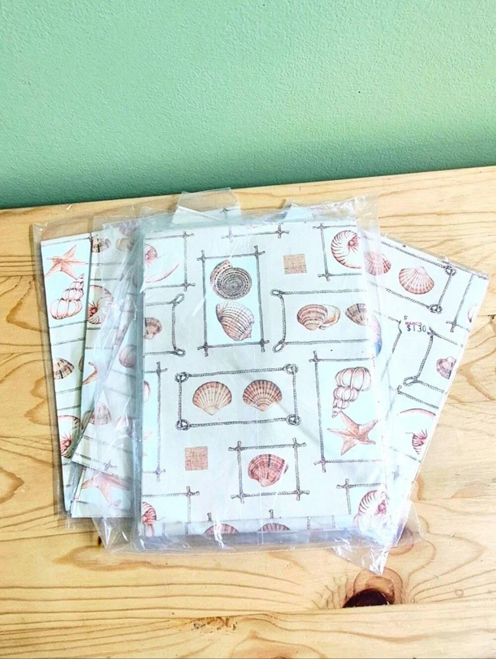 Vintage Seashell Print Gift Wrap Sheets - White & Coral